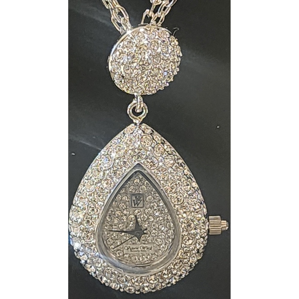 Silver Tone Crystal Teardrop Pendant Watch Necklace Victoria Wieck READ